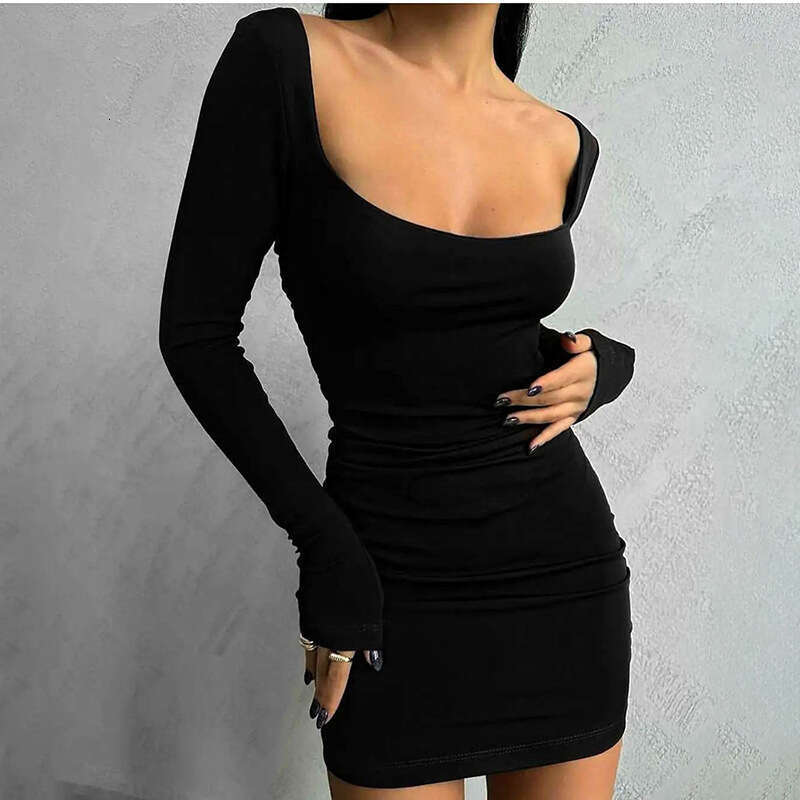 Q23ds460 Autumn New Ins Style Solid Color Square Neck Pullover Long Sleeve Bodycon Dress B5