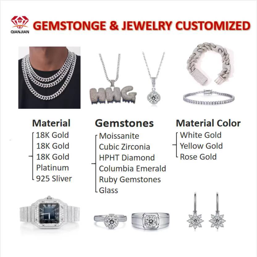 Qianjian Fashion Custom Hip Hop Real Diamond Moissanite 925 Sterling Silver Men Tennis Chain Necklace