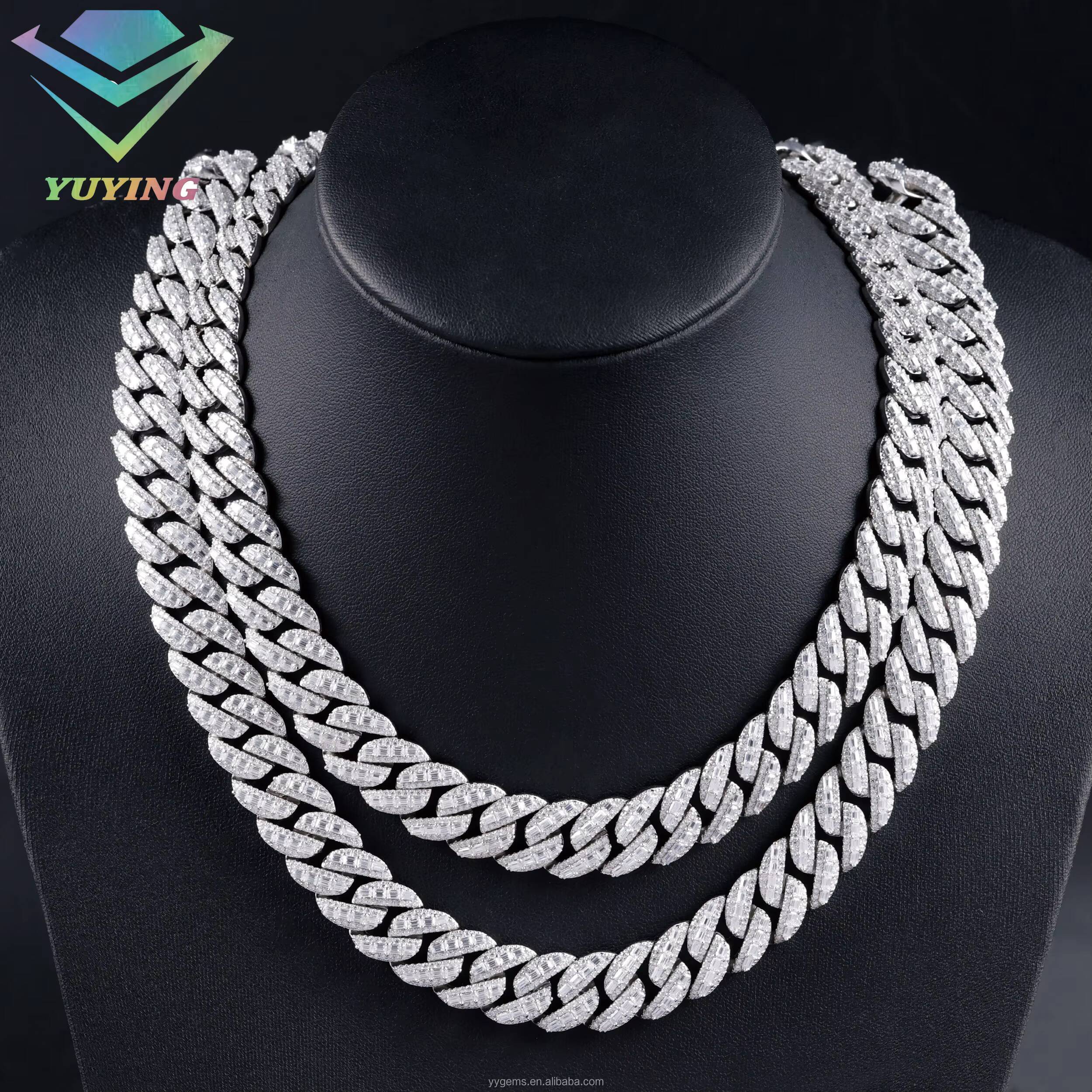 RTS Luxury Necklaces 15mm 18mm S925 Sterling Silver Baguette Moissanite Diamond Cuban Link Chain Hip Hop Necklace