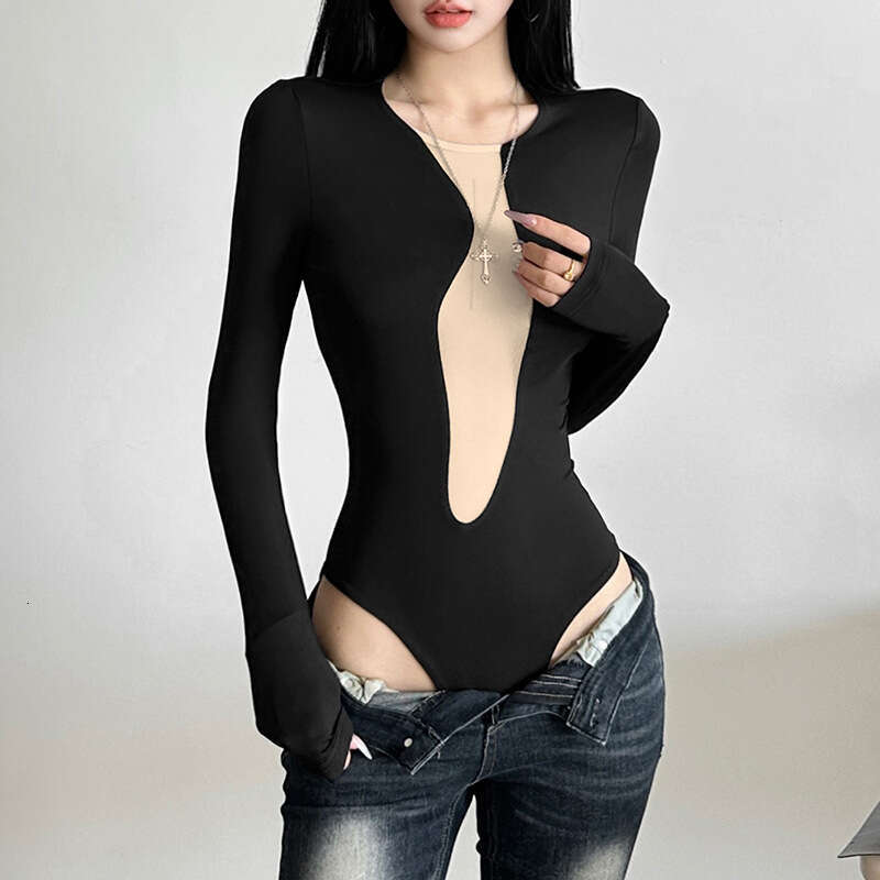 2024 Autumn New Women's Solid Slim Fit Street Fashion Round Neck Long Sleeve Color Block Jumpsuit bd9