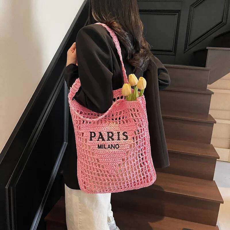 Hollow Woven Women's Embroidery Letter Summer Straw Shoulder Bags Women Beach Bag Large Capacity Casual Tote Female