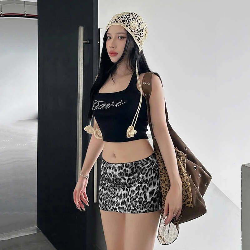 INS Style 2025 Spring New Women's Solid Color Slim Street Fashion Low Waist Leopard Print Skirt f5c