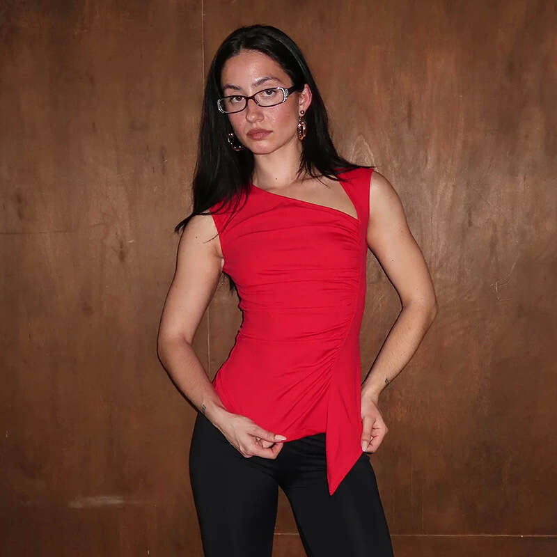 Qtp3 Women's Summer New Solid Color Sleeveless Irregular Sexy Ruched T-Shirt Top B5