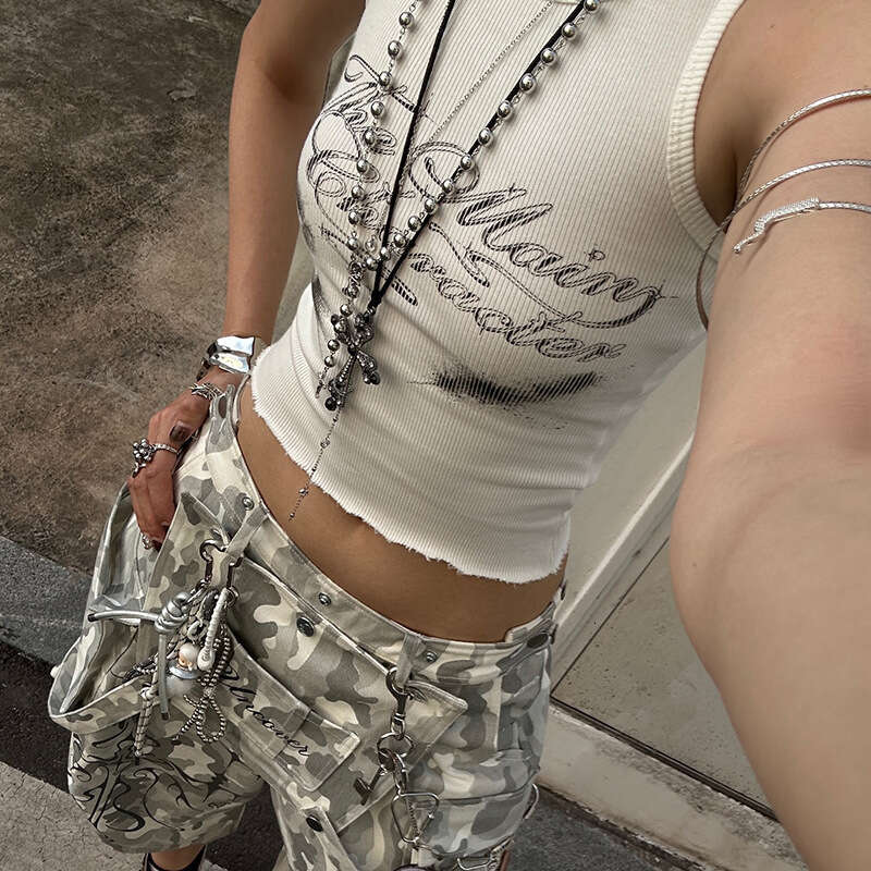 2025 Spring New Women's Solid Color Slim Street Fashion Round Neck Sleeveless Printed Tank Top f42