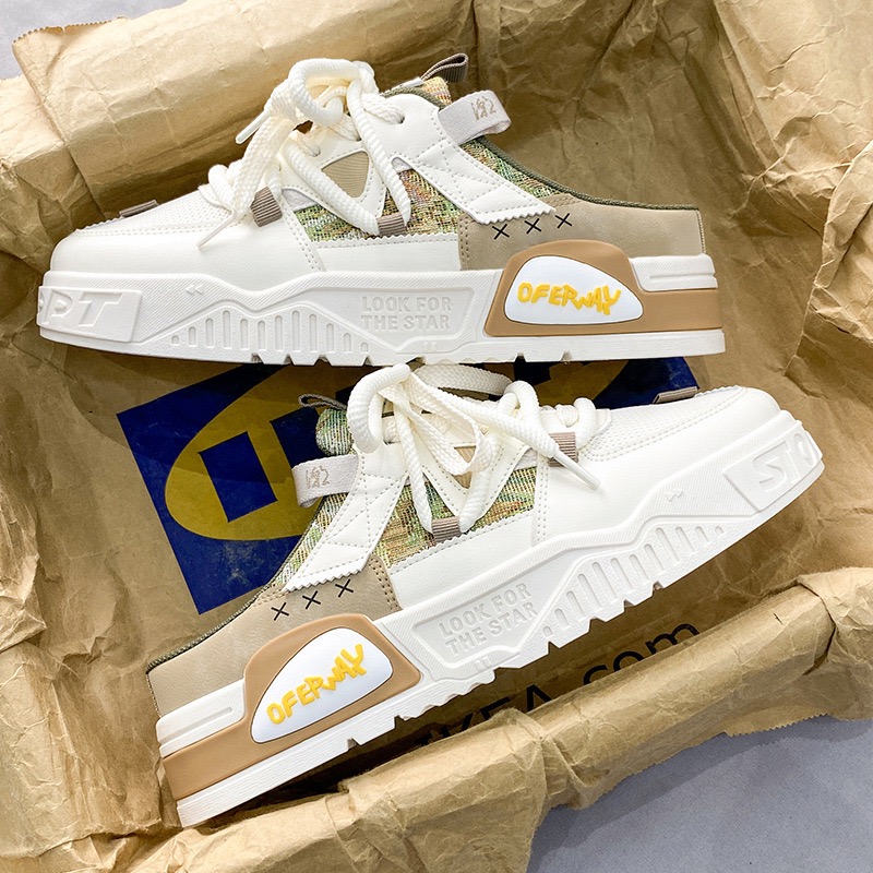 Men's breathable mesh outdoor casual board shoes with thick sole and toe cover canvas half slippers sandals casual shoes