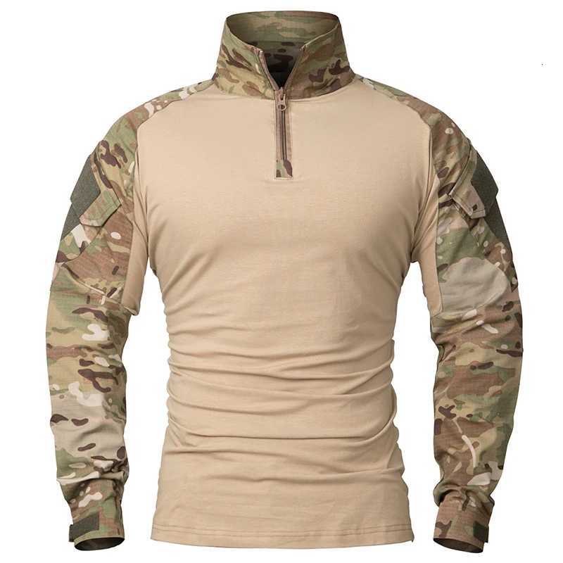 Mens Long Sleeve Combat Shirt 1/4 Zipper Ripstop Cotton Tactical Shirts Navy Blue Camoufalge Airsoft T Shirts Y250724