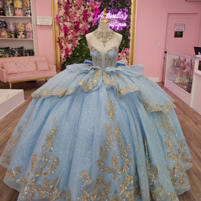 Sky Blue Shiny Quinceanera Dresses Ball Gown Off The Shoulder Applique Lace Beads Party Birthday Sweet 16 Dress Vestidos 15 Anos