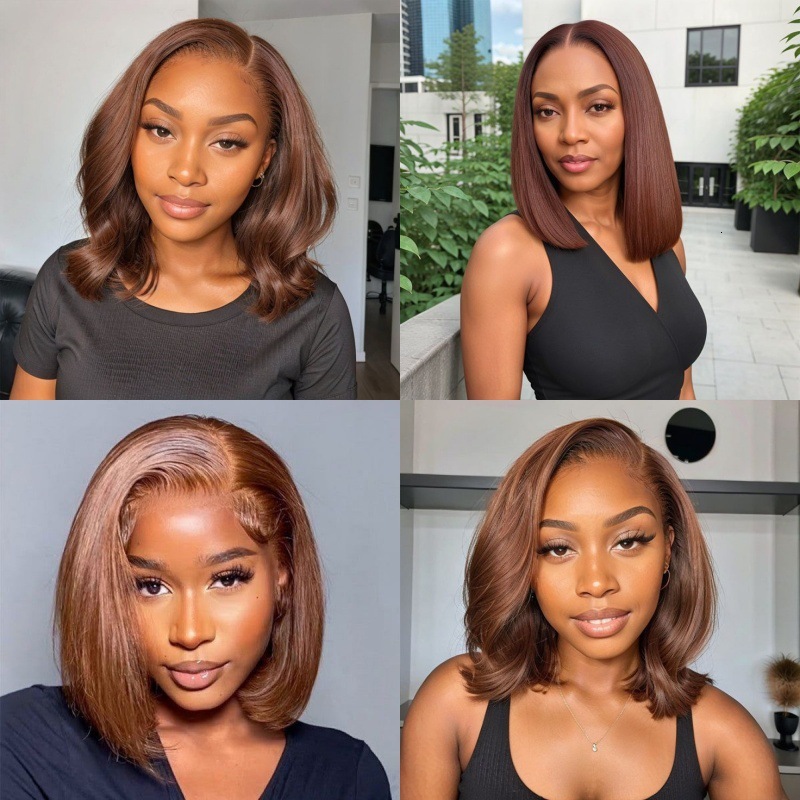10A 100% real hair Fashion Brown Bob Cut Middle Part Short Straight Real Human Hair Hot Selling Front Lace Wig