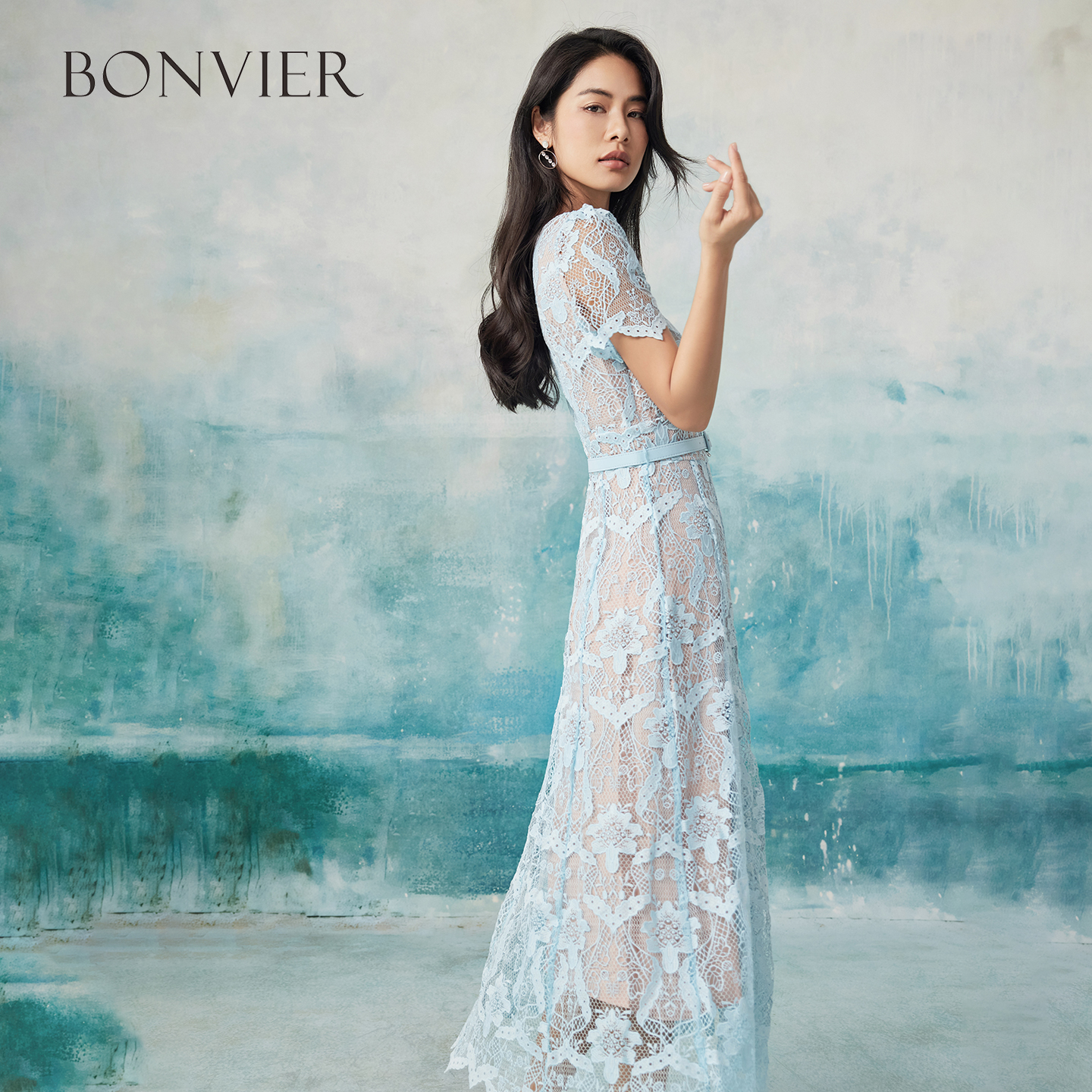 2025 Summer New High Waist Water-soluble Lace A-line Skirt Sky Blue French Senior Midi Skirt 6116470