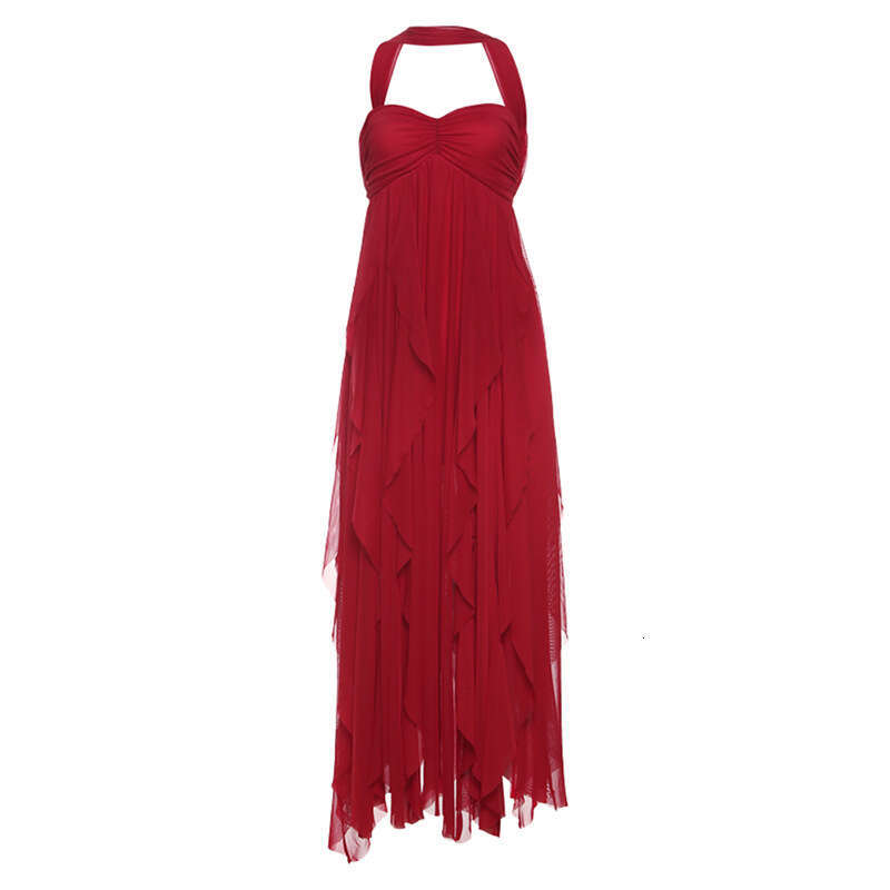 2025 French Style Halter Chiffon Sexy Strapless Backless Irregular Ruffle Long Dress 926