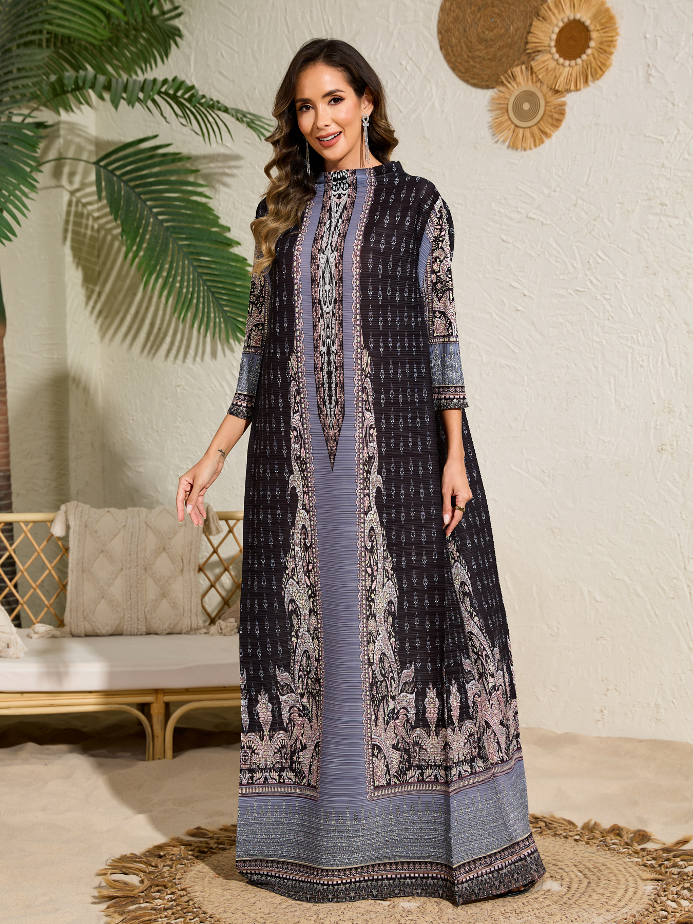 Dress Ethnic Clothing Ladies' elegant, loose and printed long-sleeved dress in Arab style NZ017