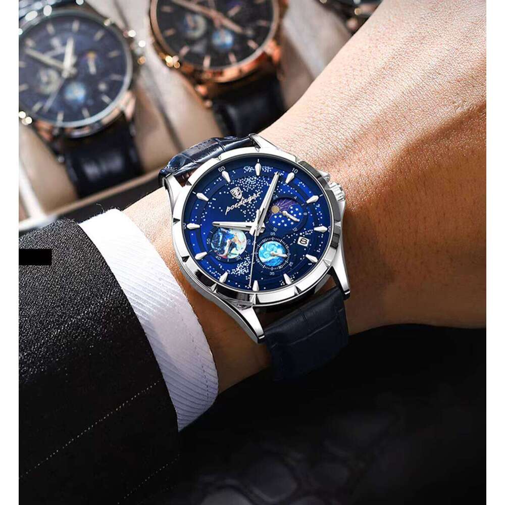 DHwatches POEDAGAR Leather Strap Business Style Starry Sky Chronograph Quartz Watch Men Waterproof Luminous Date Men's Wristwatches