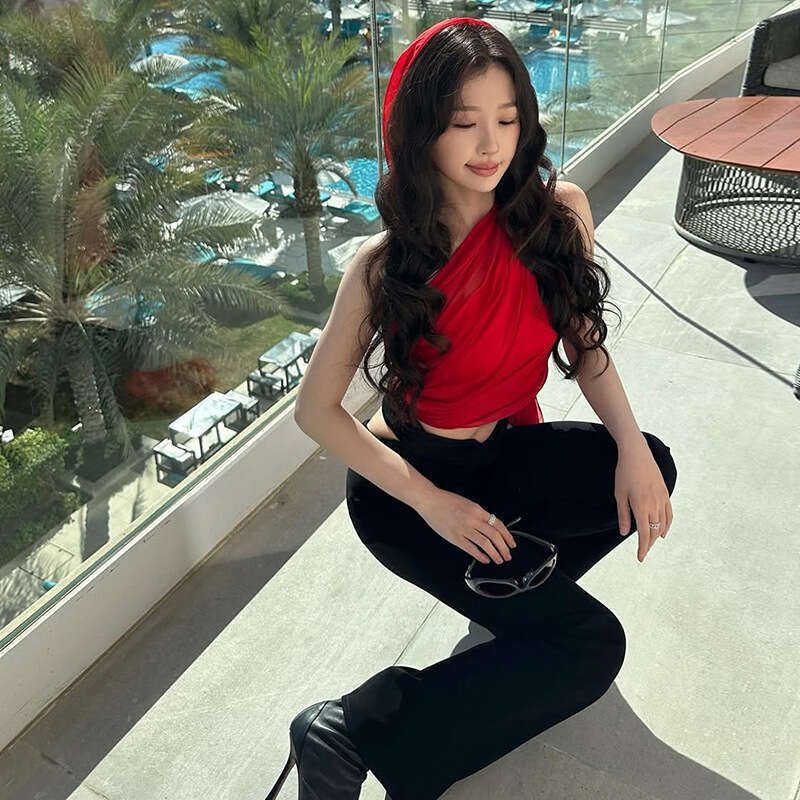 2024 Women's Autumn Winter New Fashion Solid Color Sexy Off-Shoulder Crop Top with Ribbon for Women 44b