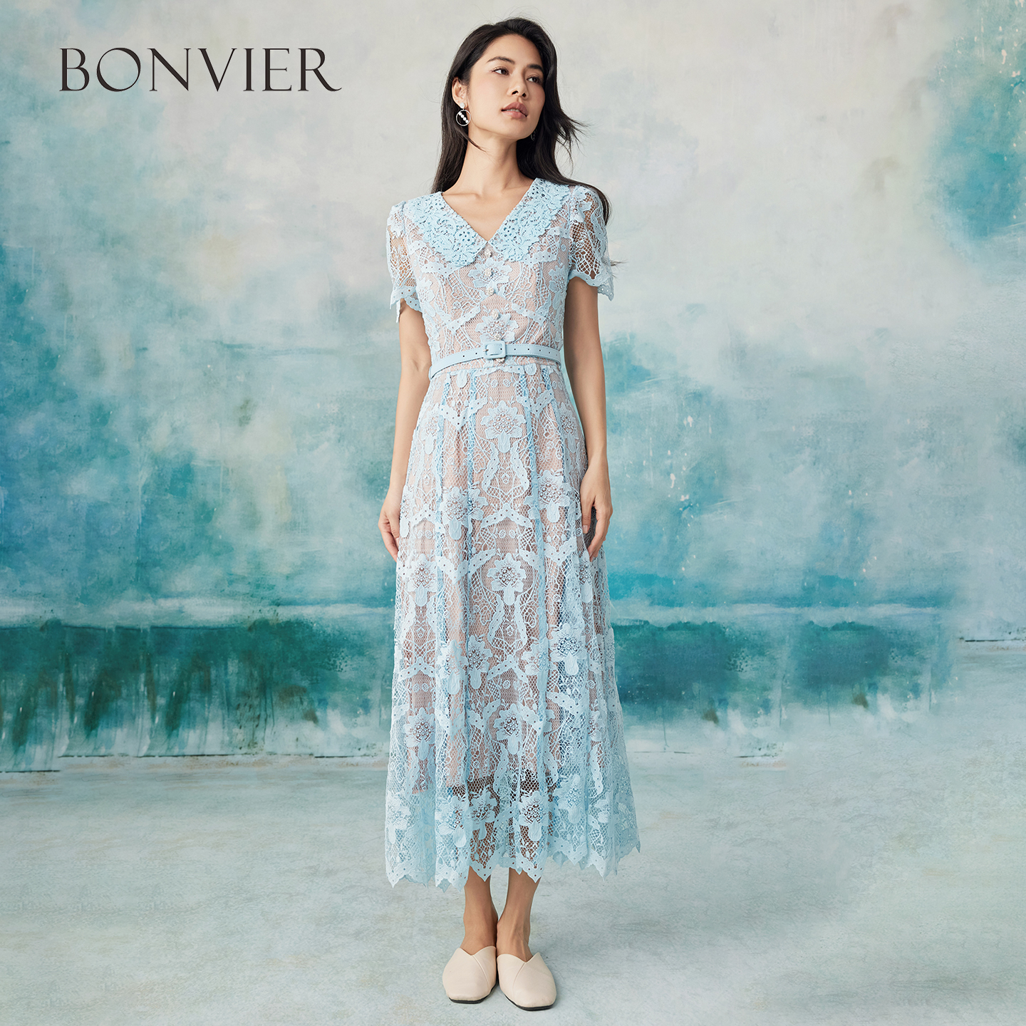 2025 Summer New High Waist Water-soluble Lace A-line Skirt Sky Blue French Senior Midi Skirt 6116470