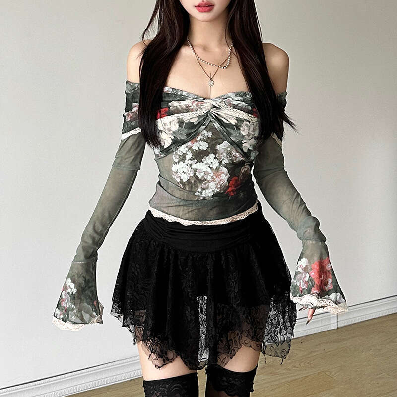 2024 Autumn New Women's Solid Color Slim Fit Fashion Off-Shoulder Long Sleeve Backless Sheer Top af4
