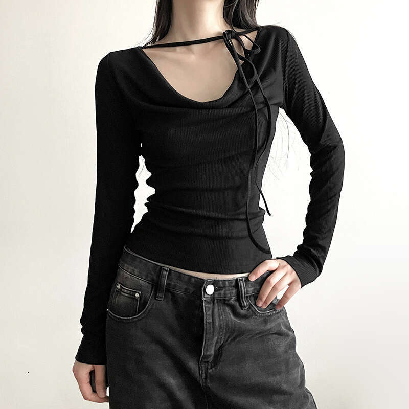 2023 Summer New Women's Solid Color Slim Fit Fashion V-neck Long Sleeve Tie T-shirt dc6