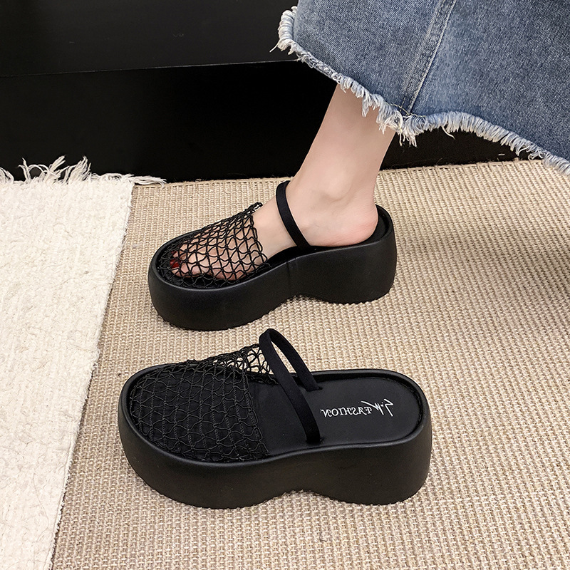 Ddmysports French Style Platform Thick Sole For Women New Hollow Breathable Wedge Half Slippers Small Height Increasing Sandals Outdoor Shoes