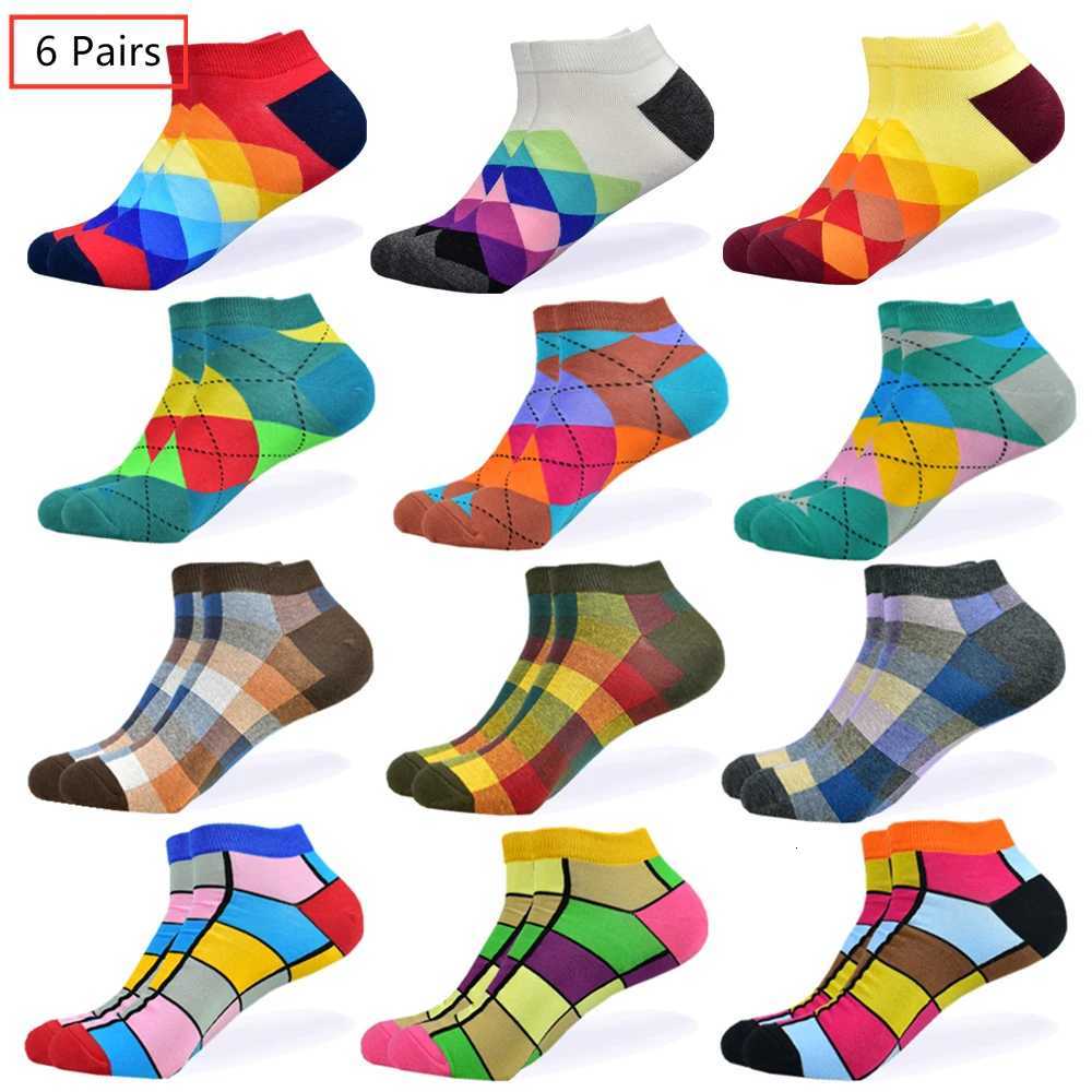 6 Pairs Men Novelty Fashion Colorful Casual Ankle Short Socks Harajuku Grid Space Cotton Happy Funny Men Women Socks X250725