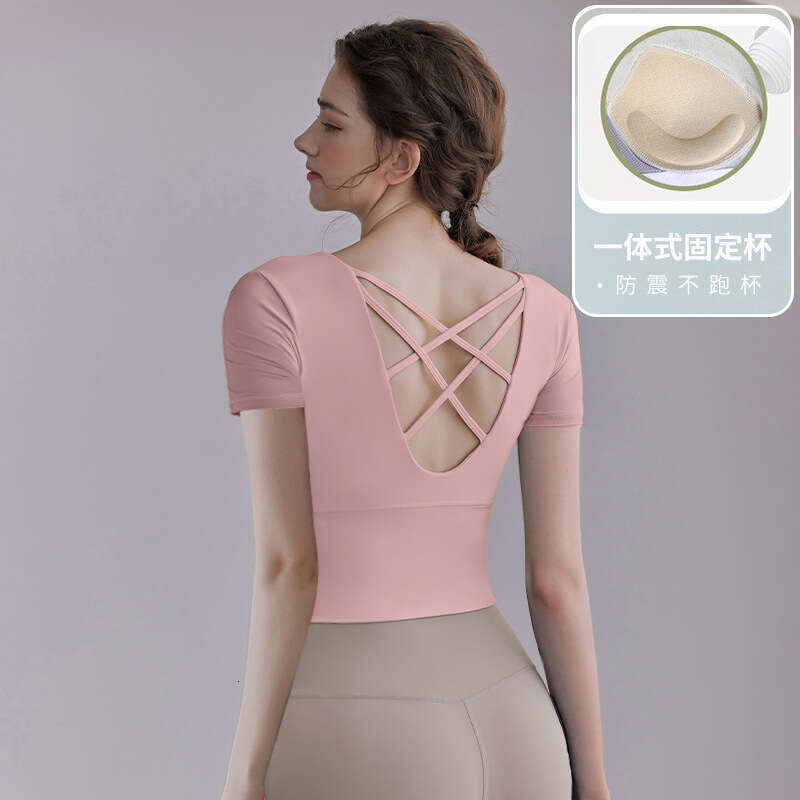 SXZY Fitness Yoga High-End Sports Bra Shockproof Short Sleeve with Chest Pads Quick-Dry Tight-Fitting Top for Women