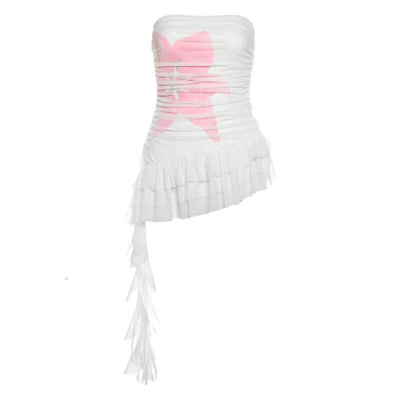 2025 Women's Summer Fashion Printed Sexy Off-Shoulder Strapless Tassel Ribbon T-Shirt 94f
