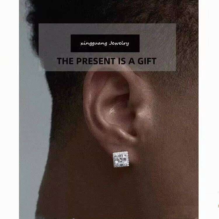 Street Style Iced Out Asscher Cut VVS Moissanite Dia Sier Hip Hop Charm Earring