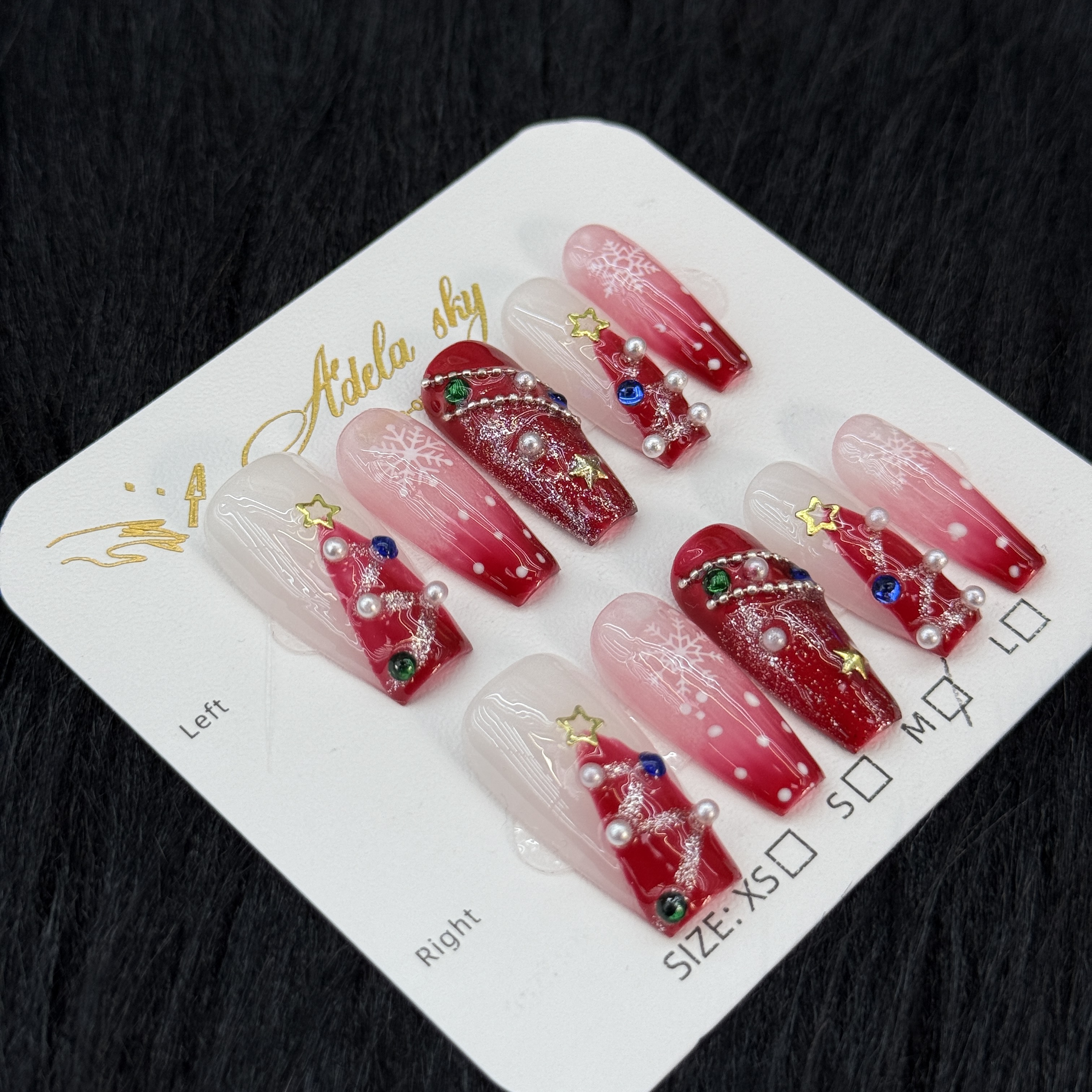 Christmas-themed Gradient Red Rhinestone-accented Press - on Nails