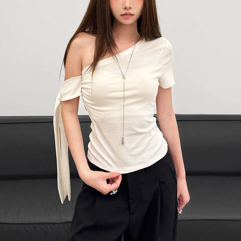 2025 Women's Summer New Solid Color Sexy Asymmetrical Neck Slim Fit Short Sleeve T-Shirt for Women ed2
