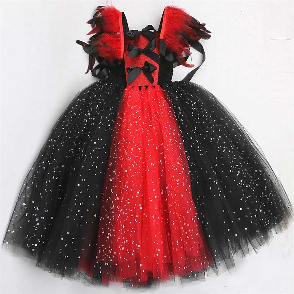 Halloween Cosplay Costume Children Girls Fantasy Witch Dress Maleficent Fluffy Sequin Tulle Feather Gown Fairy Disguise Sets Z250725