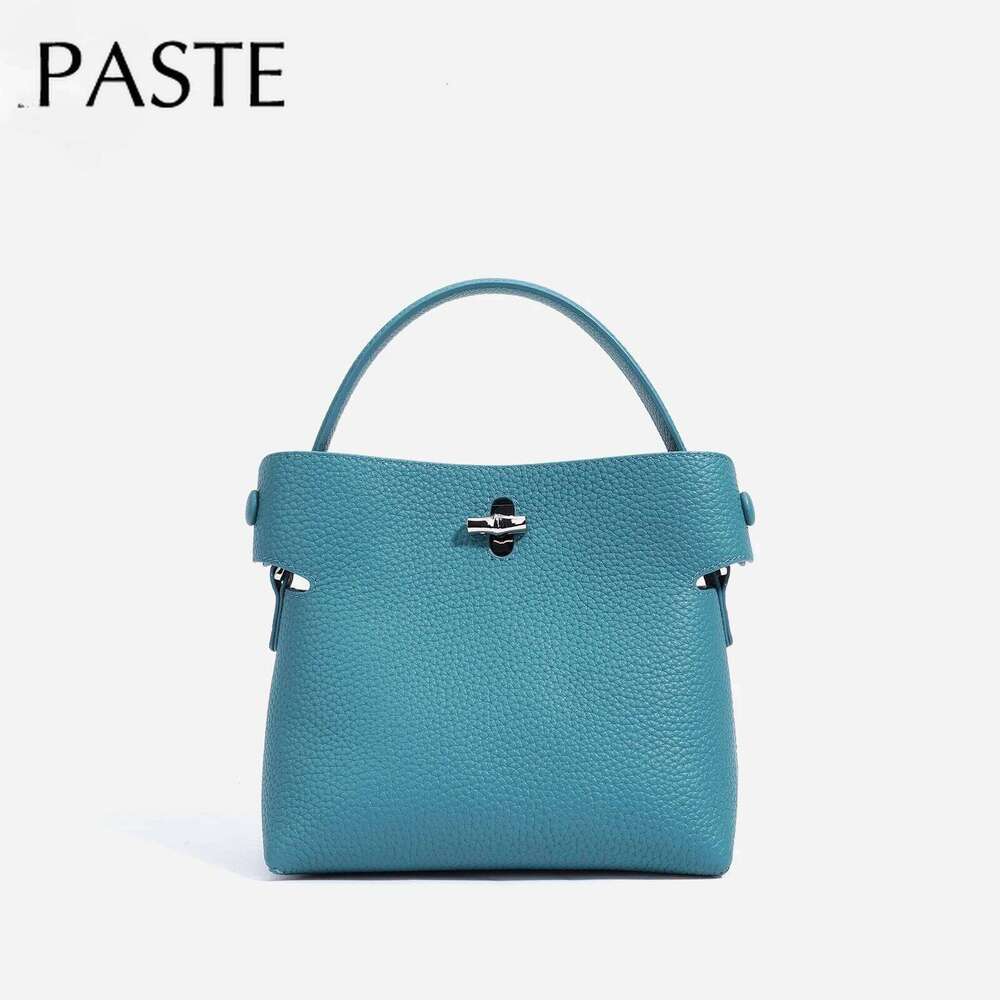 New Summer Blue Color High-end Small Bucket Tote Buckle Close Design Genuine Cow Leather Women Shoulder Bag Handbag