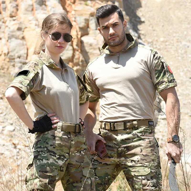 Mens Short Sleeve Softair Tactical Shirt for Men Combat Shirt Zipper Cotton Hiking CP Camoufalge Airsoft T Shirts Climbing Tee Y250724