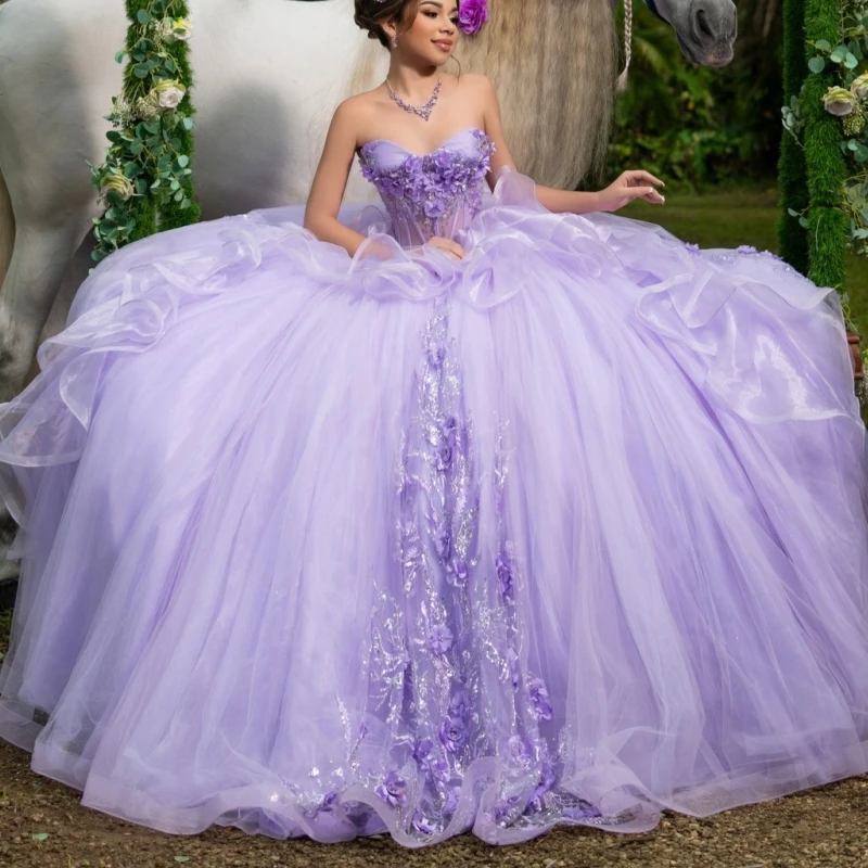 Lavender Shiny Quinceanera Dresses Off Shoulder Ball Gown Sweet 16 Dress Sequin Applique Flower Beads Tull Birthday Party Vestidos 15 De Anos