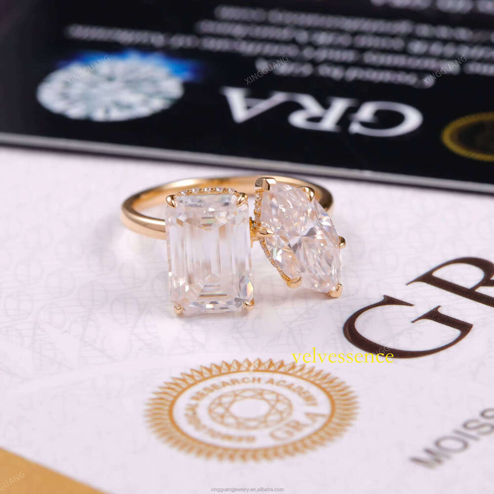 XingGuan Two Stone Toi Et Moi 2.00 CTW Emerald & Marquise Cut Moissanite Yellow Gold D/VVS1 Ring Woman