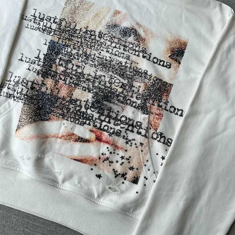 Artistic Design Patterns Printing Casual Loose White Distressed Pullover Hoodie Y2K Fashion Men Women Versatile Trend Streetwear X250725