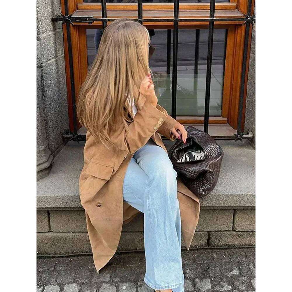 Designer Clothing Woman Khaki Lapel Long Coats Fashion Double Breasted Full Sleeve Jacket With Pocket 2024 Autumn Lady Commute Windbreaket Fashion