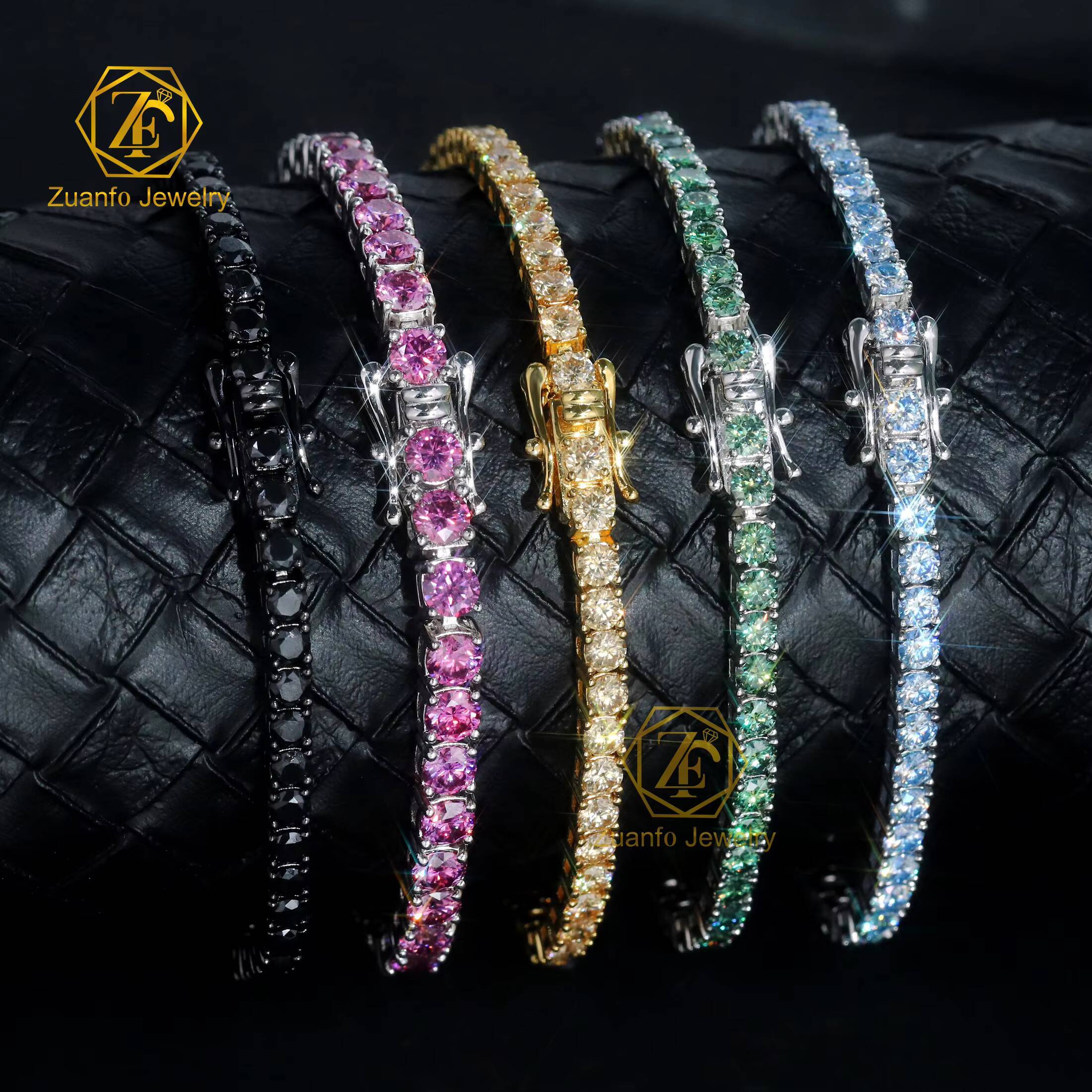 Hot Sale Hip Hop 925 Sterling Silver Yellow Blue Green Black Pink White Color Sparkling Moissanite Tennis Chain Bracelet