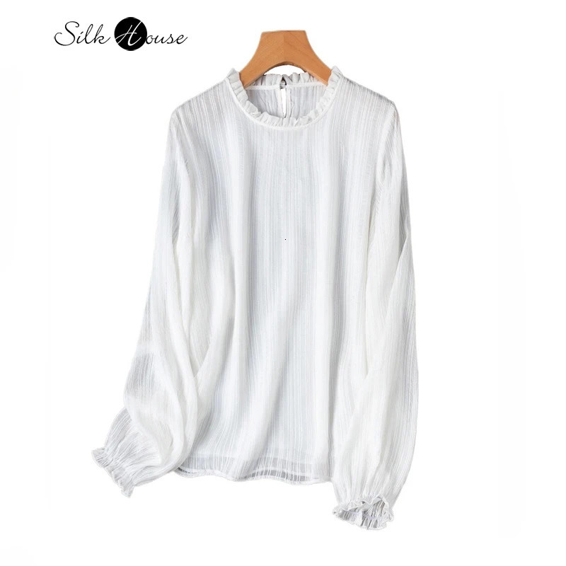 Womens Fashion Natural 50% Natural Mulberry Silk White French Long Sleeve Ear Collar Long Sleeve T-shirt 250714