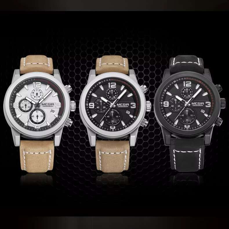 DHwatches MEGIR Men's Sports Chronograph Watch - 50M Waterproof, Luminous, Leather Strap, Quartz Wristwatch for Active Men