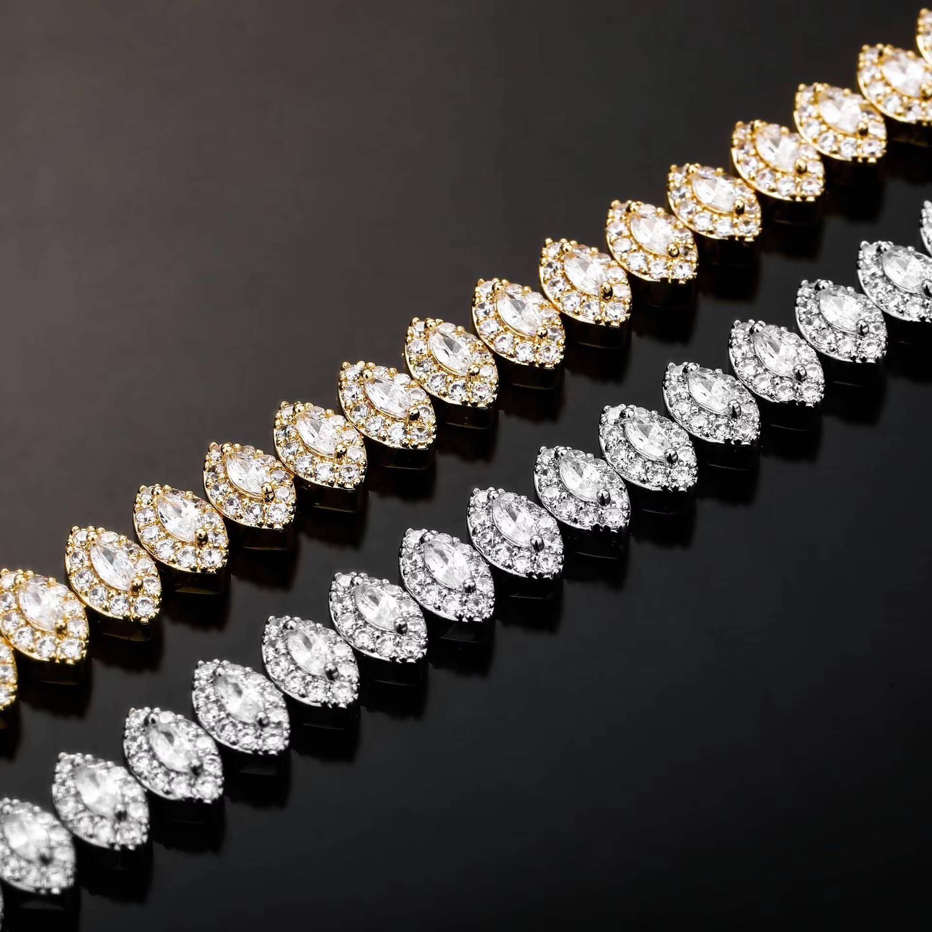 Wholesale Hip Hop Marquise Tennis Chain 8mm Gold Plated Iced Out Clustered Oval Tennis Bracelet Necklace Jewelry for Woman Men