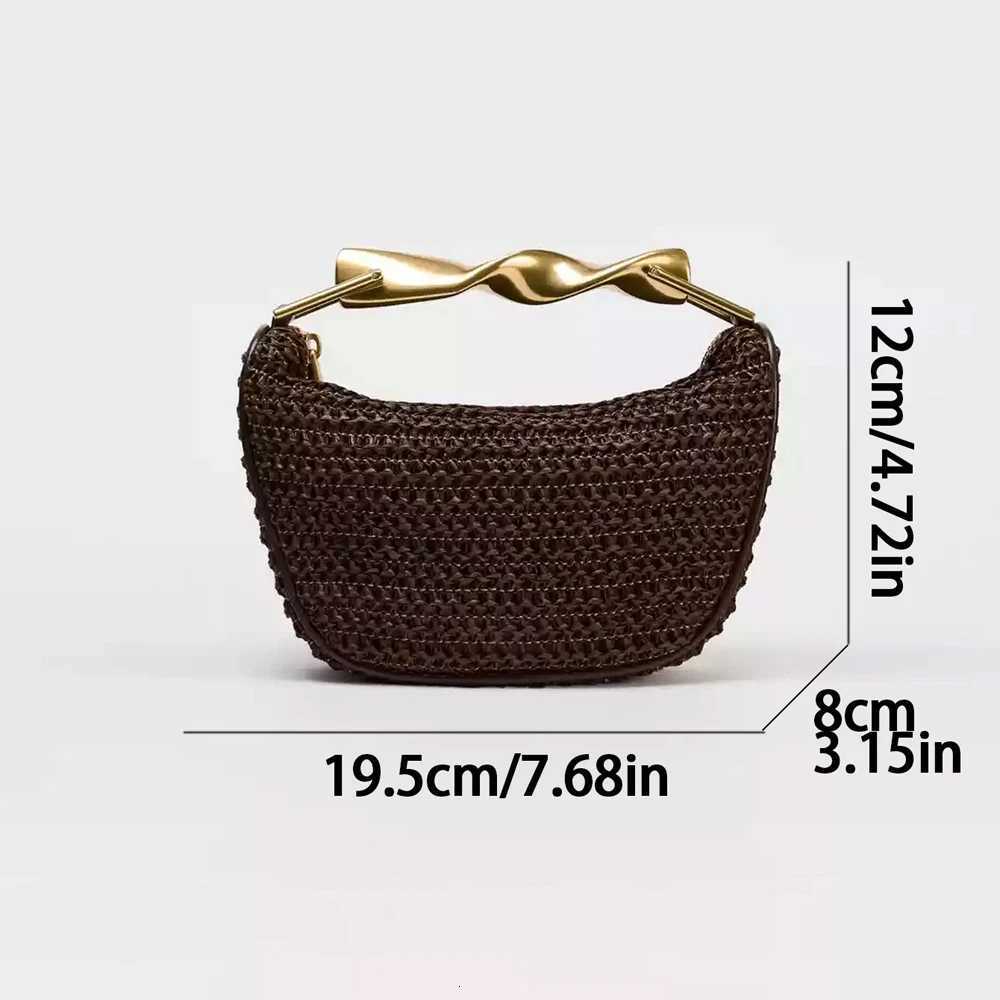 Metal Handle for Women Half Moon Rattan Woven Chain Shoulder Bag Bohemian Travel Beach Bag Designer Crossbody Handbag Y250725