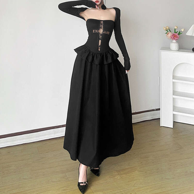 2024 Autumn New Women's Solid Color Long Sleeve Cardigan Fashion Strapless Dress Two-Piece Set 2c8