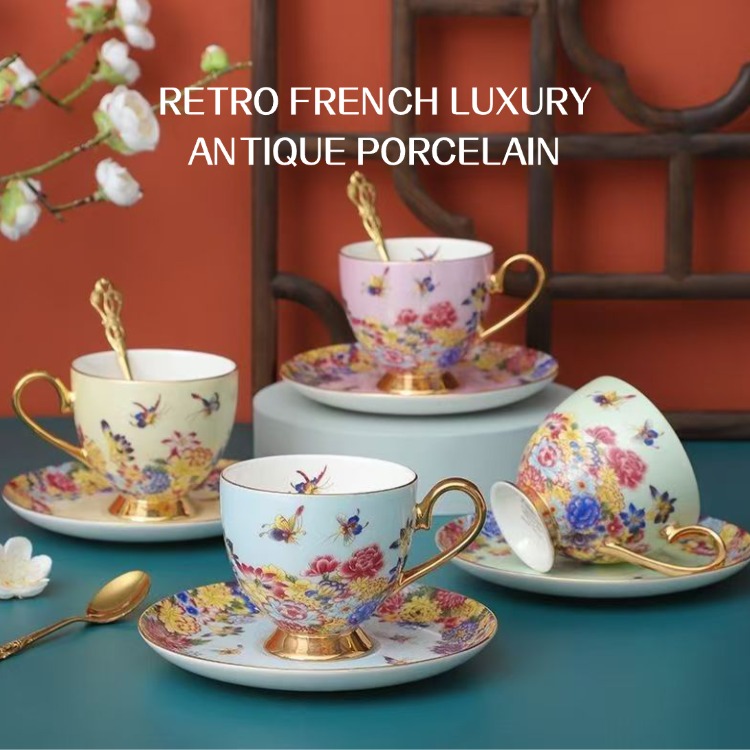 Cups & Saucers Retro French light luxury ancient porcelain enamel color set