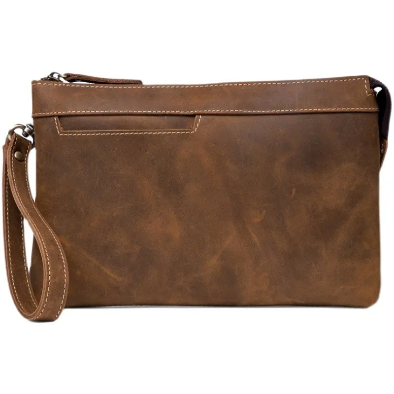 Crazy horse leather business clutch bag retro first layer cowhide mens casual handbag light coin purse. 250723