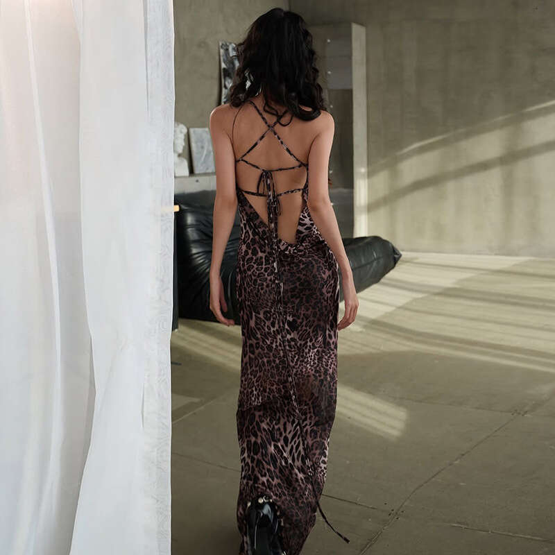 2025 Summer New Halter Neck Tie Backless Sleeveless Sexy Waist-Cinching Fashion Leopard Print Dress for Women 150