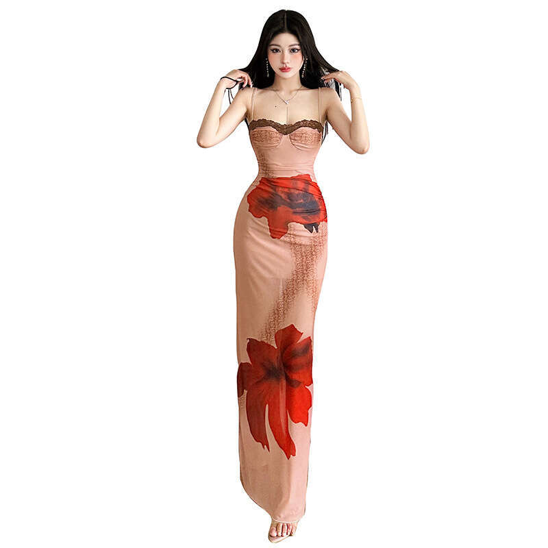 2025 Summer Ins Style Plant Print Slim Sleeveless Backless Slimming Color Block Lace Strap Long Dress for Women 2a1