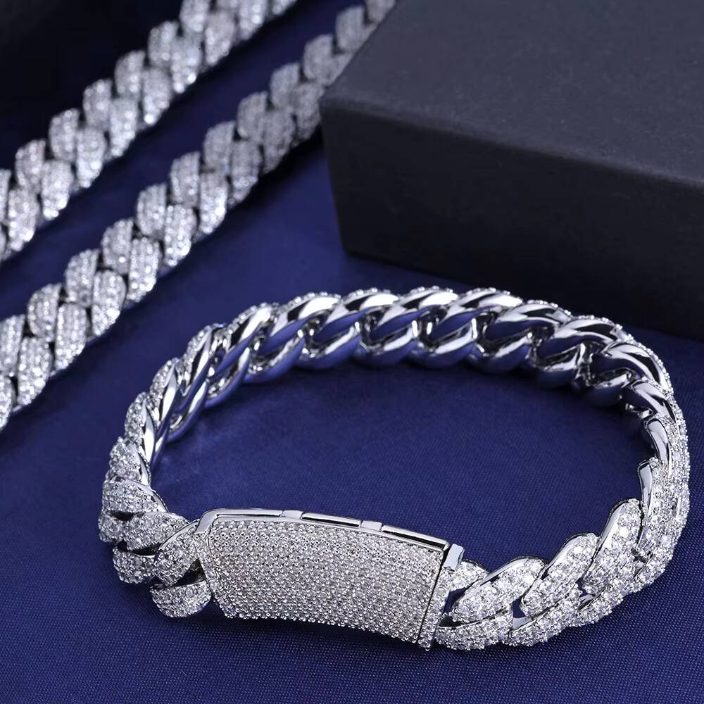 NUOYA 13MM Iced Out Chain Diamond Cuban Link Chain Bracelet Men Hip Hop Shiny Vvs Moissanite 925 Silver Cuban Necklace