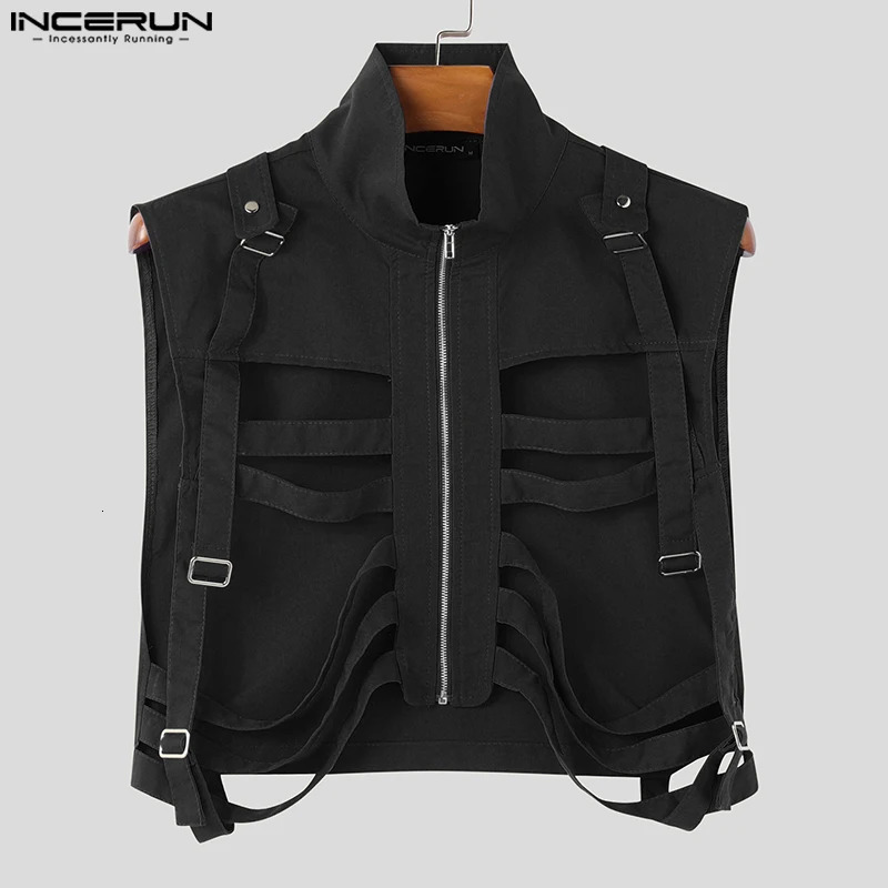 INCERUN 2024 Mens Tops Stylish Deconstruction n Vests Sexy Male Personality Hollow Solid Cropped Zipper Waistcoats 250725