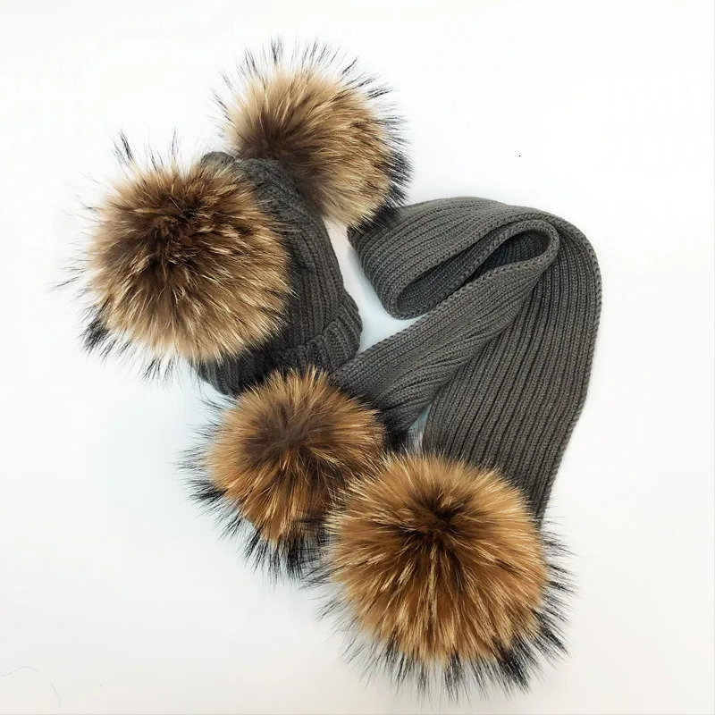 Parent- Winter Hats Cute Fur Pompon Hat Scarf Sets Natural Fur Ball Caps Mother s Warm Knitted Hats Winter Bea 250724