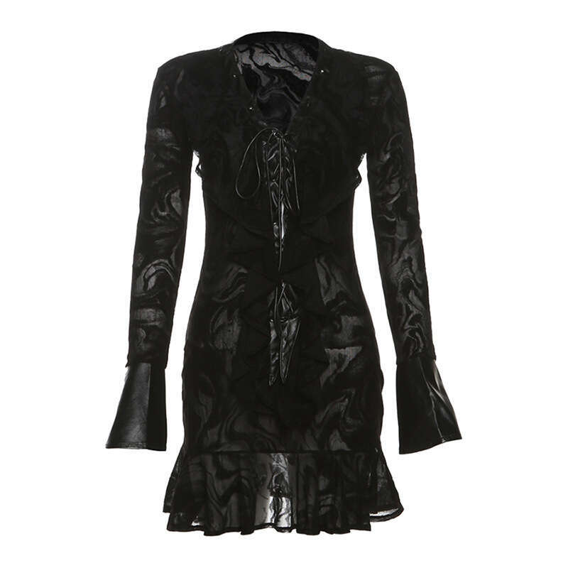 2024 Autumn New Women's Solid Color Slim High Waist Street Fashion V-Neck Long Sleeve Dress 555