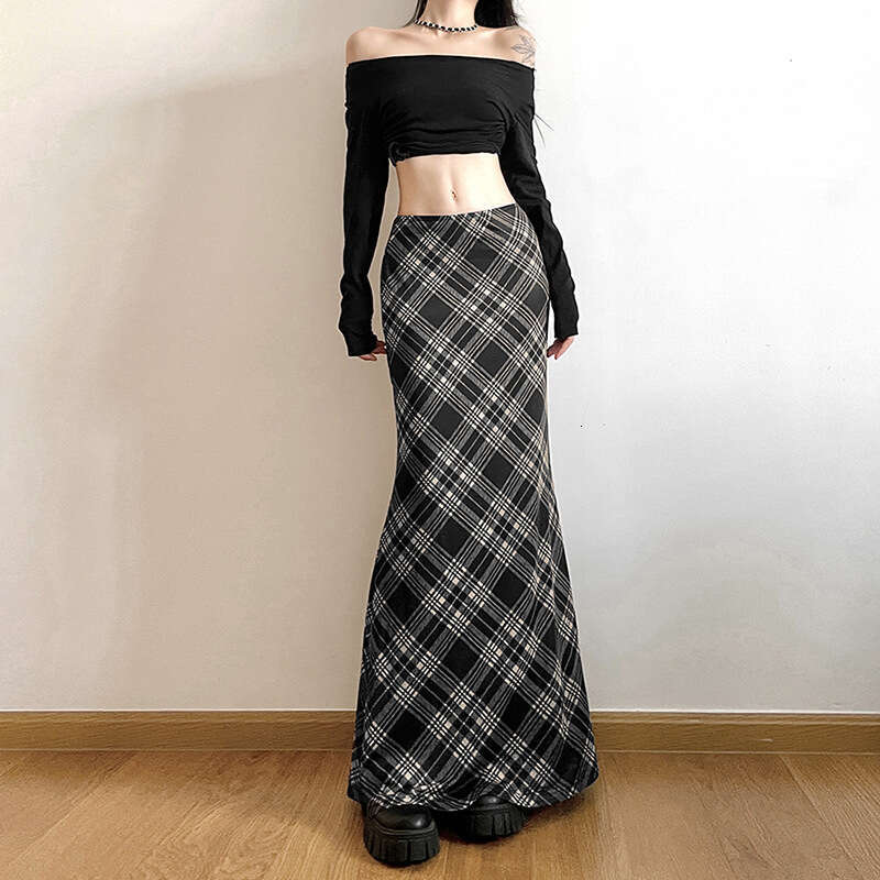 2023 Autumn New Women's Solid Color Slim Fit Fashion High Waist Plaid Fishtail Midi Skirt for Women 90f