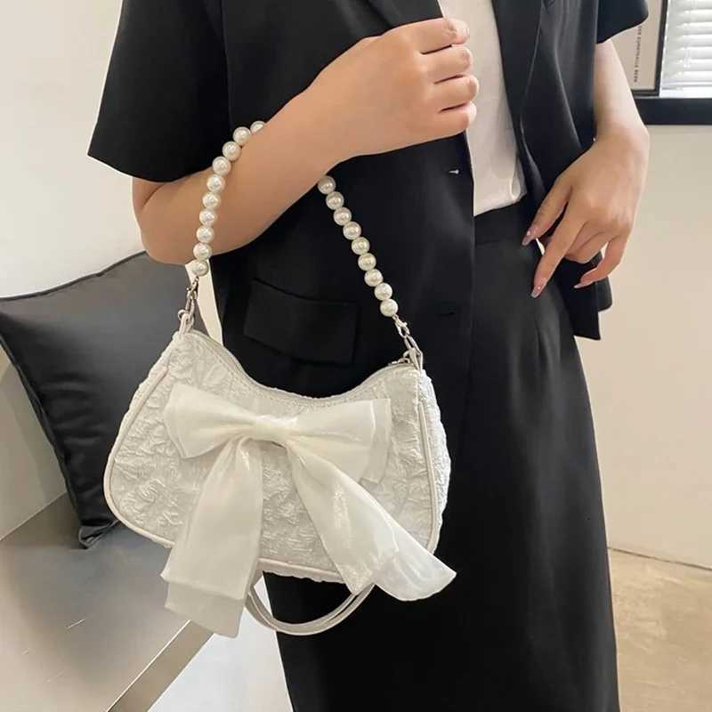 White Pleated Pearl Fem Bag Vintage Luxury Designer Handbag Cute Bow Shoulder Bag Fi Y2K Vintage Womens Purse Versatile Y250725